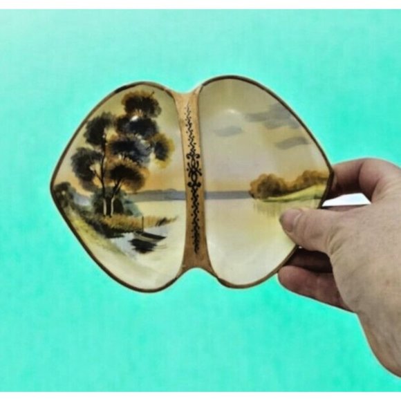 Ceramic Divided Dish Landscape Design Nippon Moriage Morimura Handle Basket Bowl - Picture 3 of 9